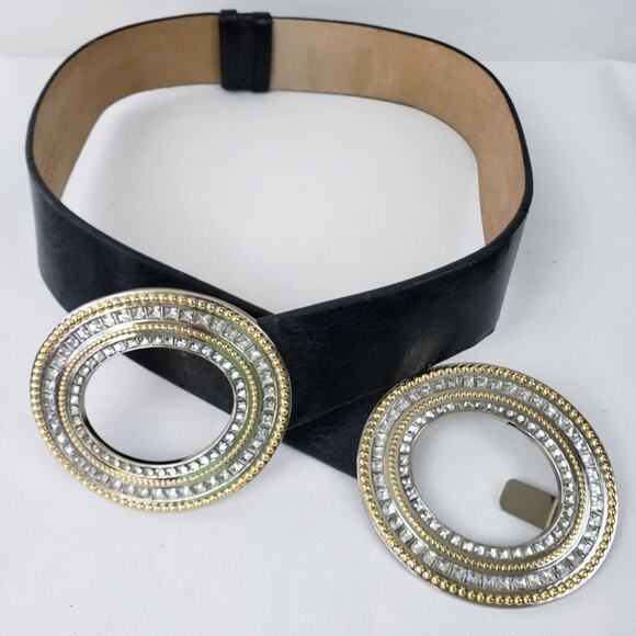 Chico's clear crystal rhinestone oval buckle black belt, S/M, GUC - Picture 2 of 8